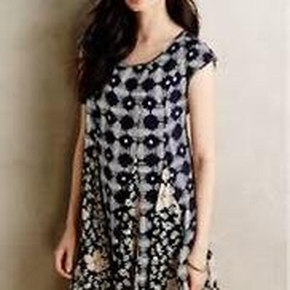 Maeve Anthropologie Mixed Print Swing Dress Medium Corset Back Navy Blue‎